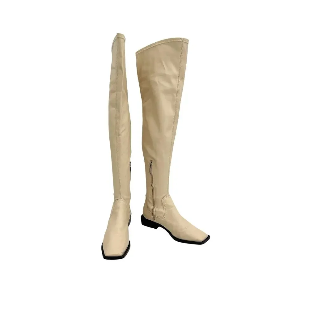 Schutz Guily Up Over The Knee Boots Eggshell Cream Leather‎ Square Toe Women 7.5